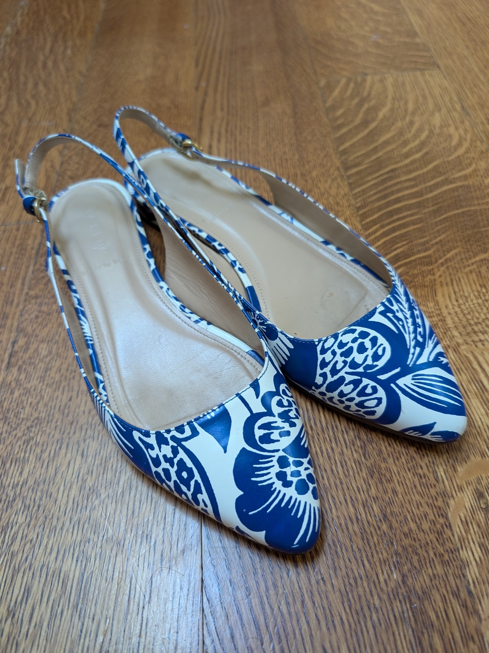 J. Crew Navy and White Leather Slingback Flats Botanical Print Women's Size 6.5